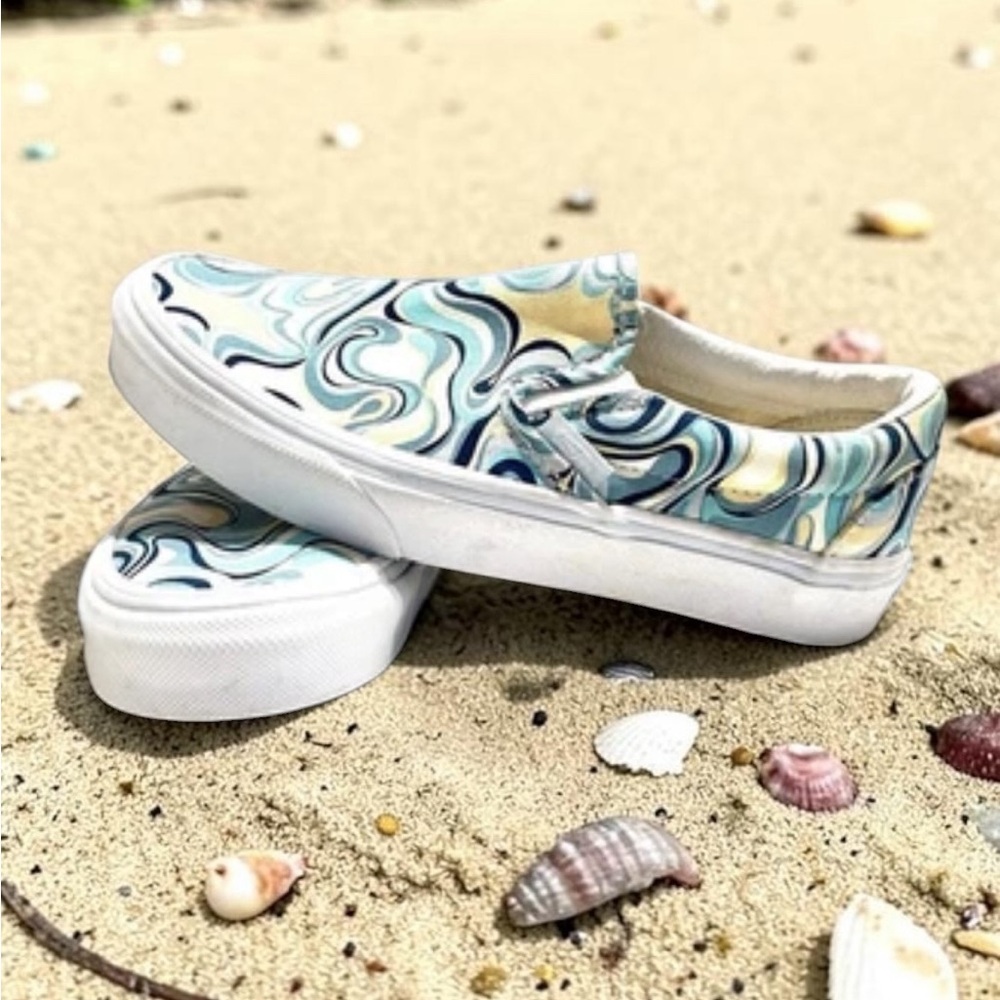 Vans Slip On Retro Swirl Psychedelic Y2K Canvas Skate Shoes Womens 5.5 Teal Blue - Picture 2 of 6